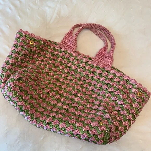 PRADA Pink & Green Woven Beach Bag - Picture 5 of 11